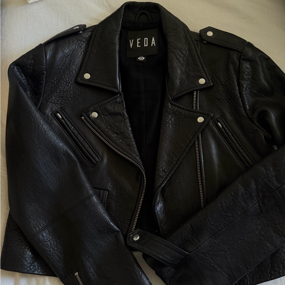 Veda Black Faux Leather Biker Jacket with Silver Hardware